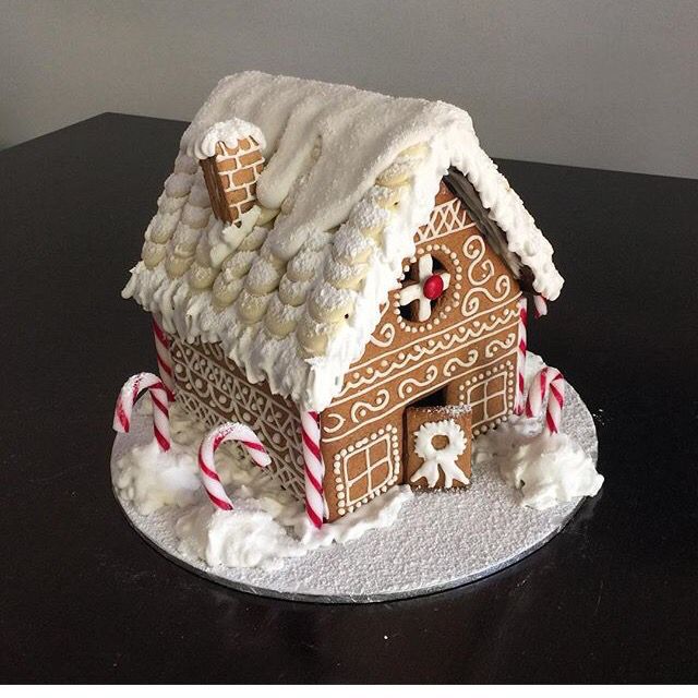 a gingerbread house is decorated with candy canes