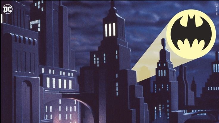 a batman movie poster with the city skyline in the background and an illuminated bat flying over it