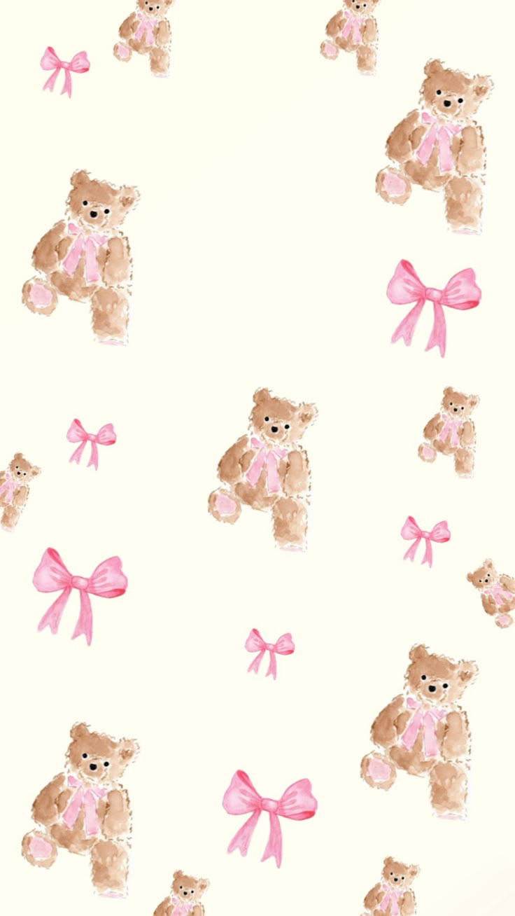 watercolor drawing of teddy bears with pink bows on white background, seamless pattern