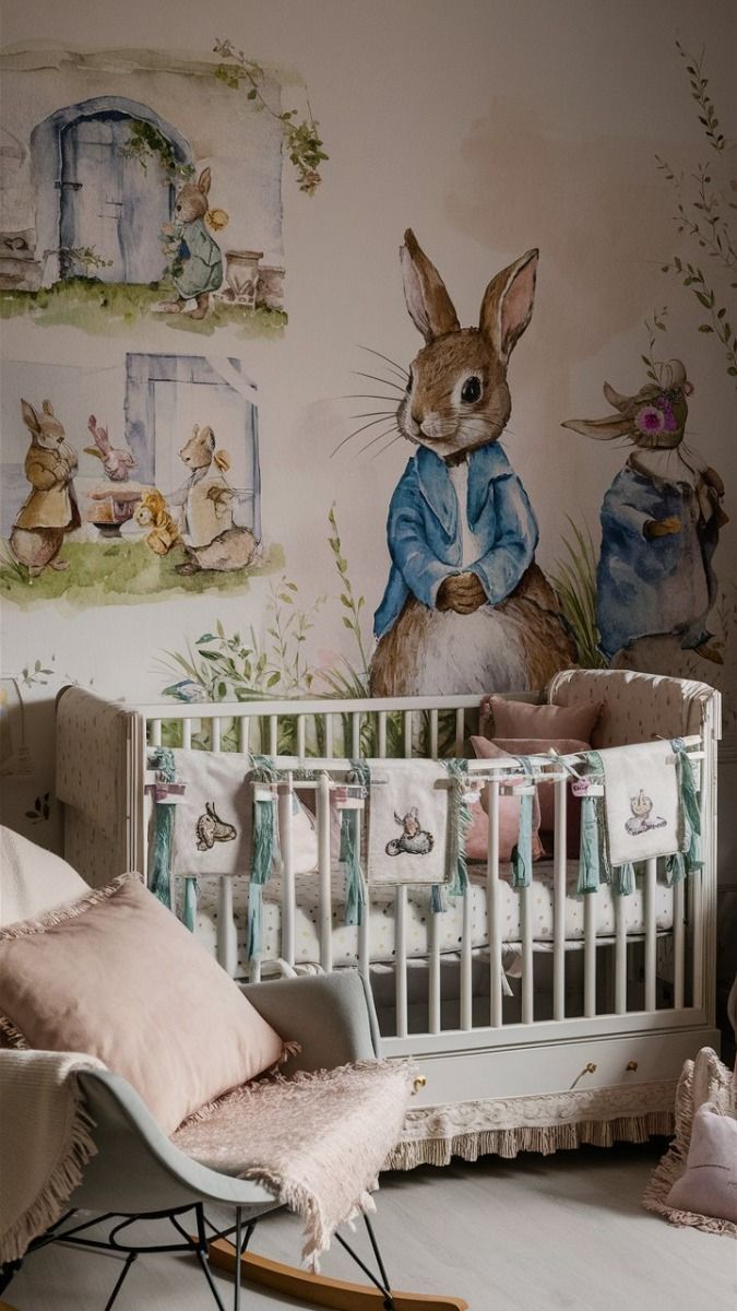 a baby's room with a crib, rocking chair and rabbit wallpaper