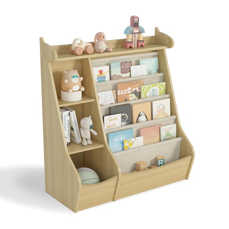 a wooden book shelf with books and toys on top of it in front of a white background