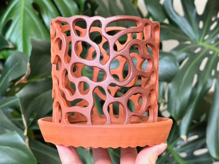 a hand holding up a clay vase in front of some plants