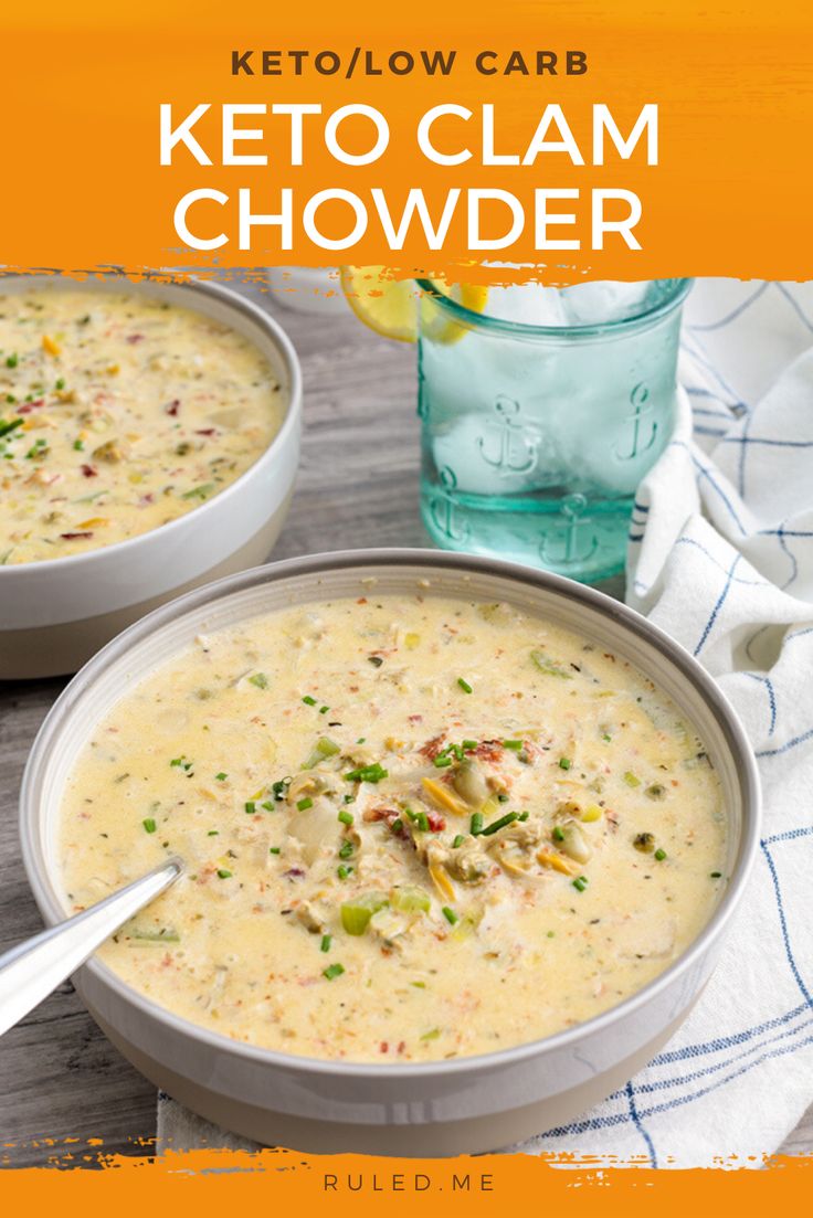 two bowls of keto clam chowder on a table