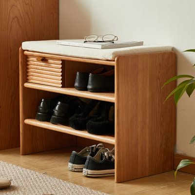 Nordic solid cherry wood shoe bench for home use, stylish and practical | DICIXA Nordic Solid Wood Shoe Cabinet Sit-down Locker Pair Shoe Storage 17.71 H x 23.62 W x 11.81 D in yellow in Brown | 5 | Wayfair | Organization Apartment Vibes, Hall Furniture, Wood Shoe, Wood Shoes, Shoe Bench, Garden Storage, Shoe Organizer, Shoe Cabinet, Closet Storage