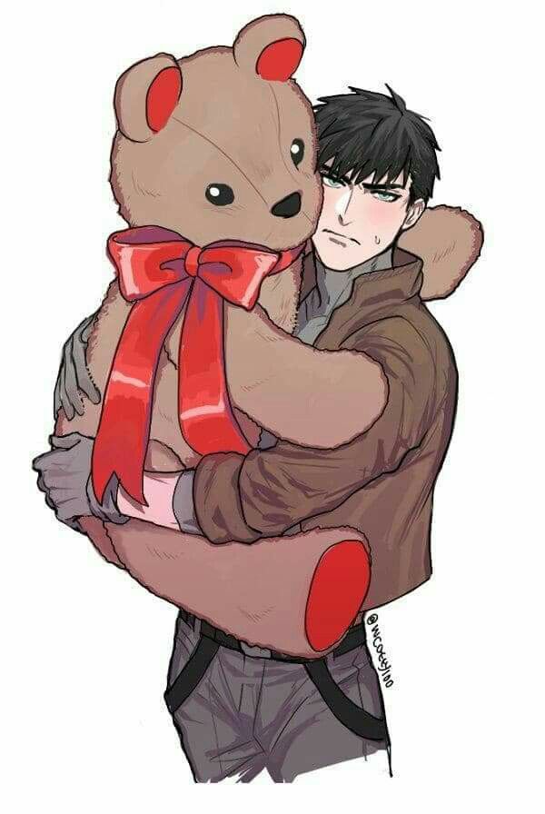 a man holding a teddy bear with a red bow on it's neck and his arm wrapped around him