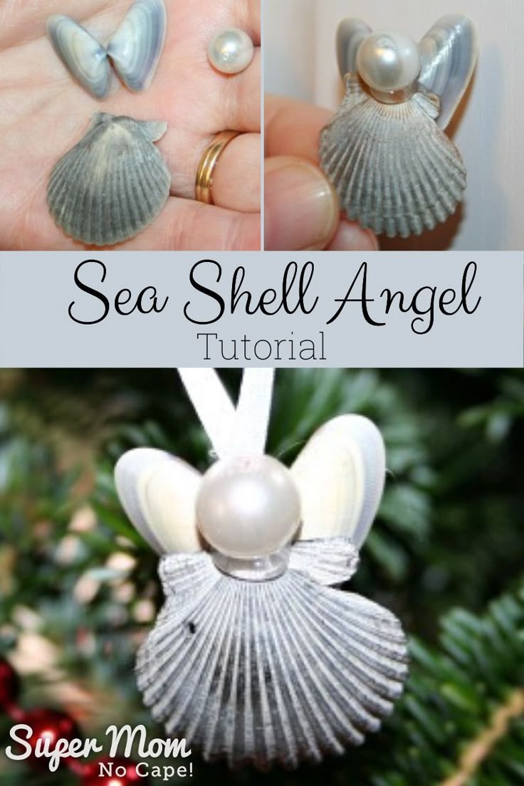 the sea shell angel ornament is being held by someone's hand