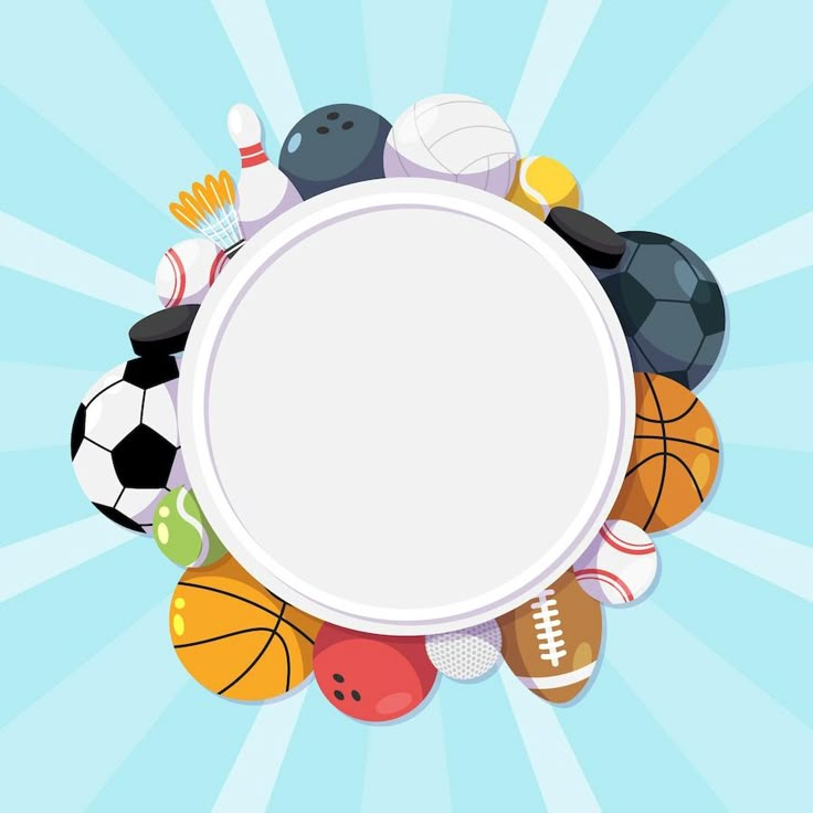 an overhead view of various sports balls on a blue background with space for your text