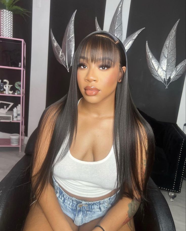 Wigs With Bangs Hairstyles, Straight Bang Wigs, Install With Bangs, Bangs With A Side Part Wig, Wig With Chinese Bangs For Black Women, Side Part Fringe Long Hair, Wig Hairstyles Ideas Black Women With Bangs, Jt Bangs Side Part, Side Bangs Hairstyles Black Women