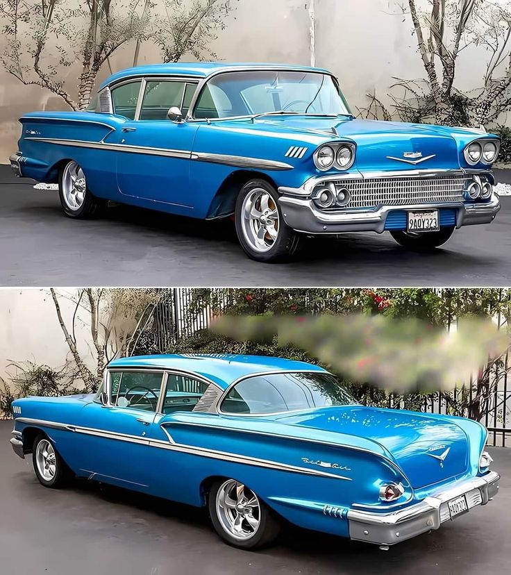 an old and new blue car parked in front of a house