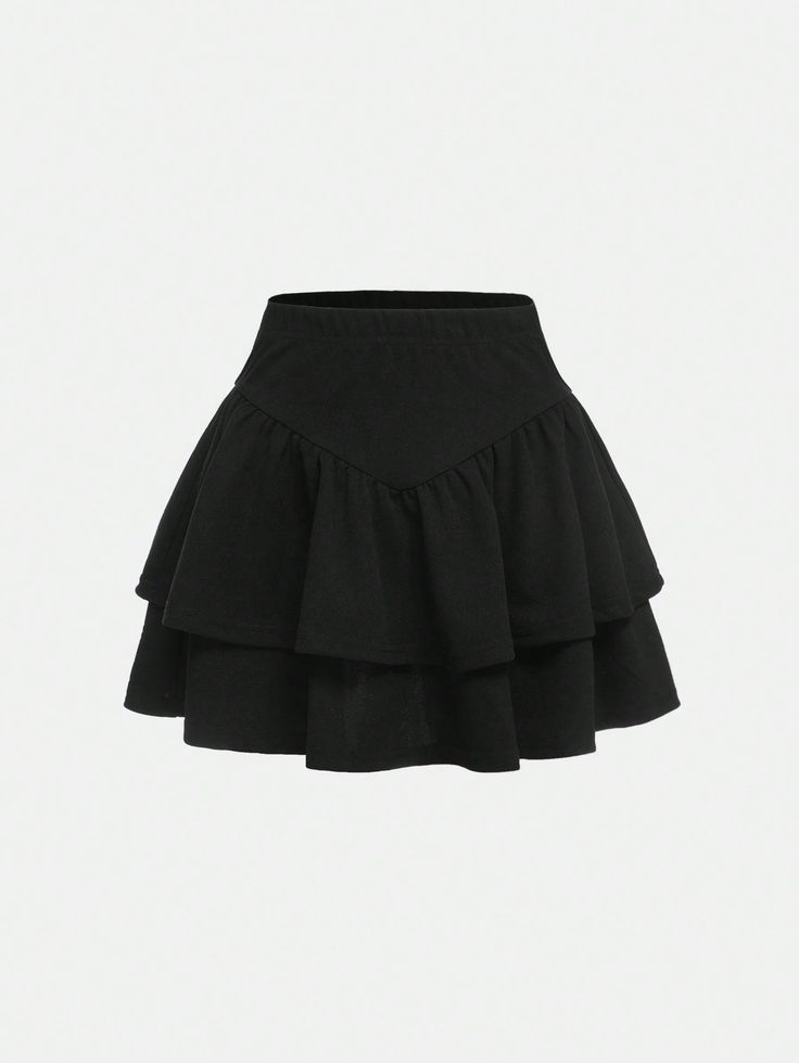 Preto Fofo Collar  Tecido de malha Simples Em Camadas/Escalonado Embellished Elasticidade Baixa Double Layered Skirt, Cheap Cute Black Skirt, Cheap Black Preppy Skirt, Cheap Flowy Black Skirt, Short Black Skirts, Black Ruffled Flared Skirt, Shein Black Skirt, Diner Outfits, Cute Black Skirt