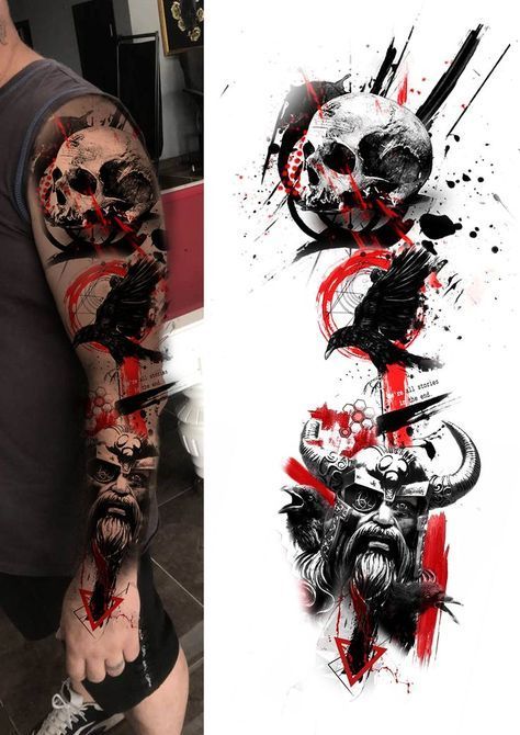 a man with tattoos on his arm next to an image of a skull and demon