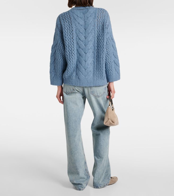 Aran wool-blend sweater in blue - Brunello Cucinelli | Mytheresa Fine Knit Mohair Sweater For Fall, Fall Textured Knit Alpaca Sweater, Chic Cashmere Chunky Knit Sweater, Chic Chunky Knit Cashmere Sweater, Fall Mohair Turtleneck Sweater, Blue Cashmere Sweater For Fall, Mohair Turtleneck Sweater For Fall, Fall Turtleneck Mohair Sweater, Fall Mohair Cable Knit Sweater