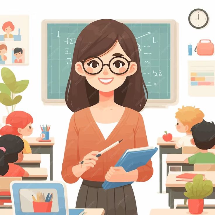 a woman standing in front of a classroom full of kids and holding a clipboard