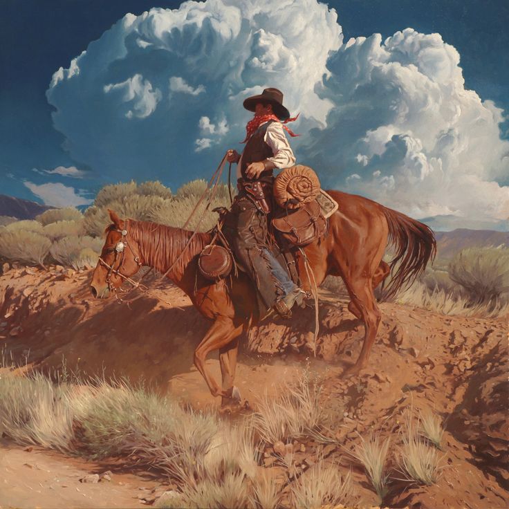 a painting of a man riding on the back of a brown horse across a dirt field