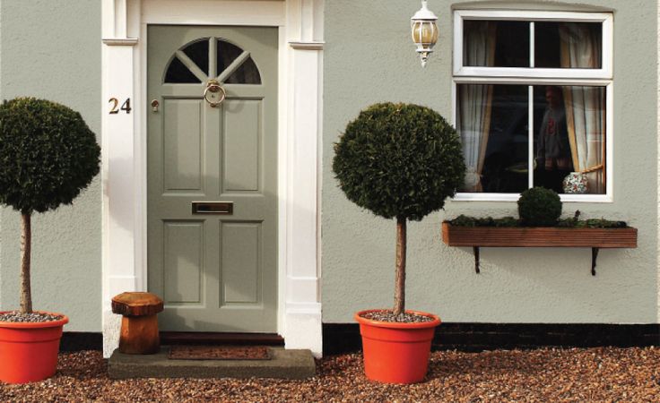 two potted plants in front of a door with windows on either side and one planter next to it