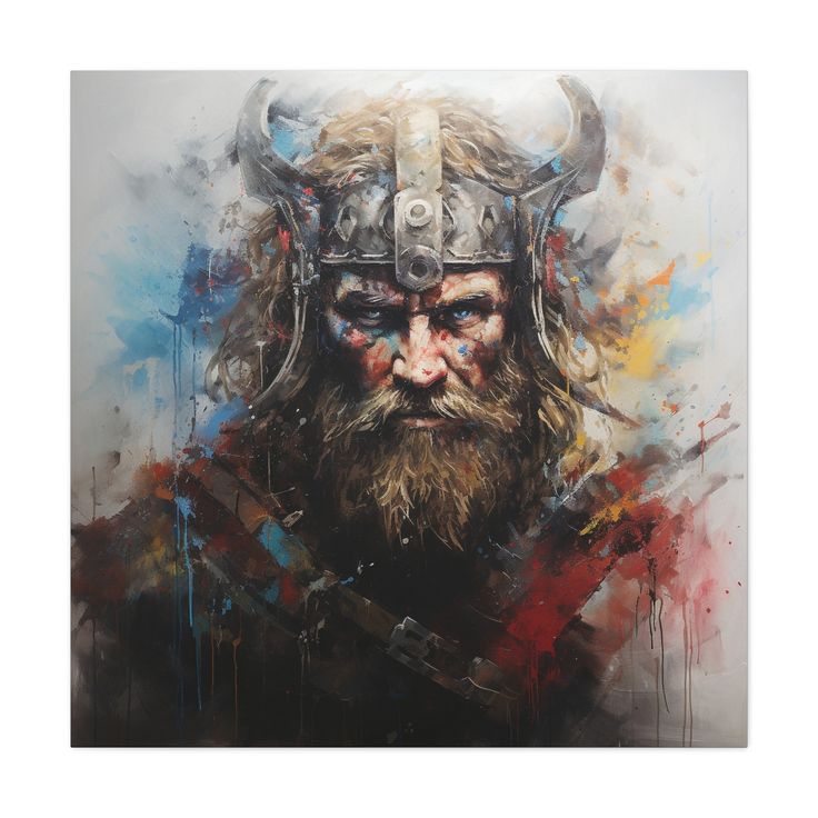 a painting of a viking with horns and paint splattered on it's face