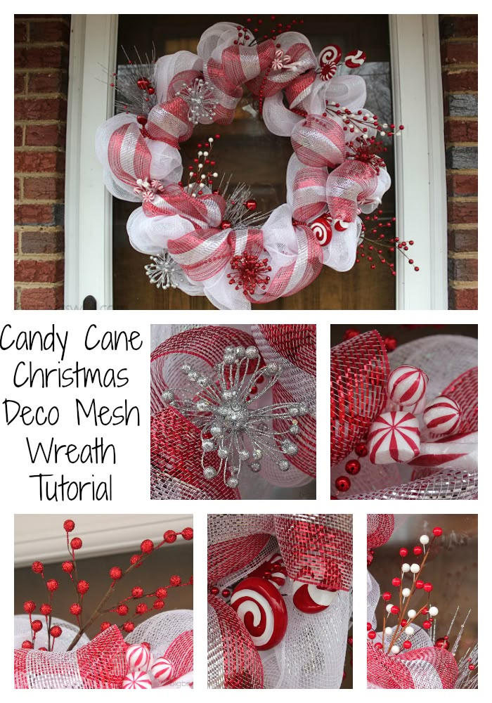 candy cane christmas deco mesh wreath with red and white decorations on the front door for holiday decor