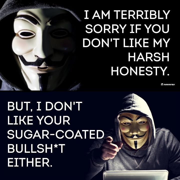 a guy wearing a mask and looking at a laptop with the caption, i am terribly sorry if you don't like my harsh honesty