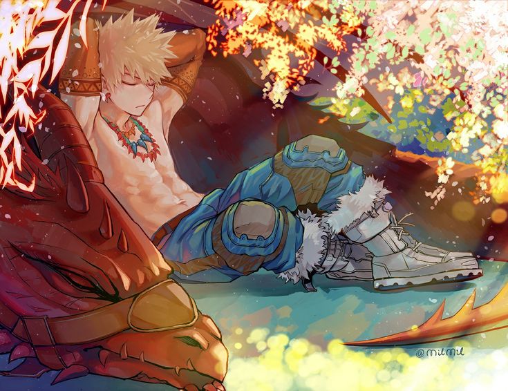 an anime character laying on the ground next to a tree with leaves and flowers in it