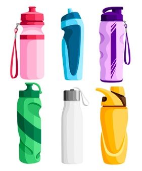 four different types of water bottles on a white background