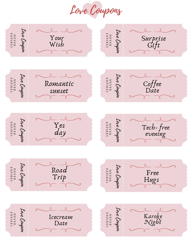 pink and black printable coupon labels with the words love coupons on them