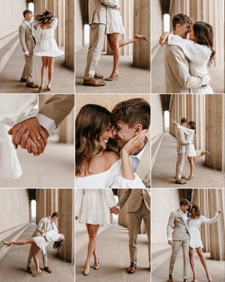 a man and woman are kissing in front of columns