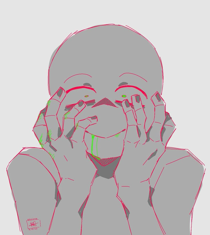 a drawing of a person with their hands to their face, covering their eyes and looking at the camera