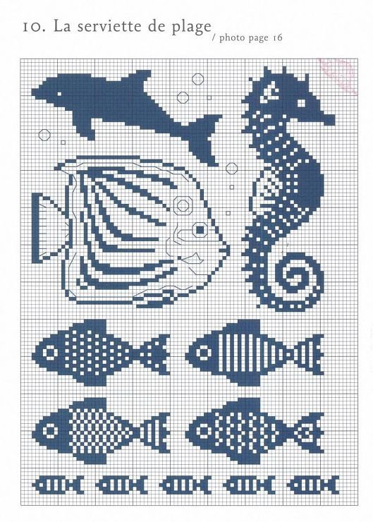 a cross stitch pattern with fish and seahorses on the bottom, in blue