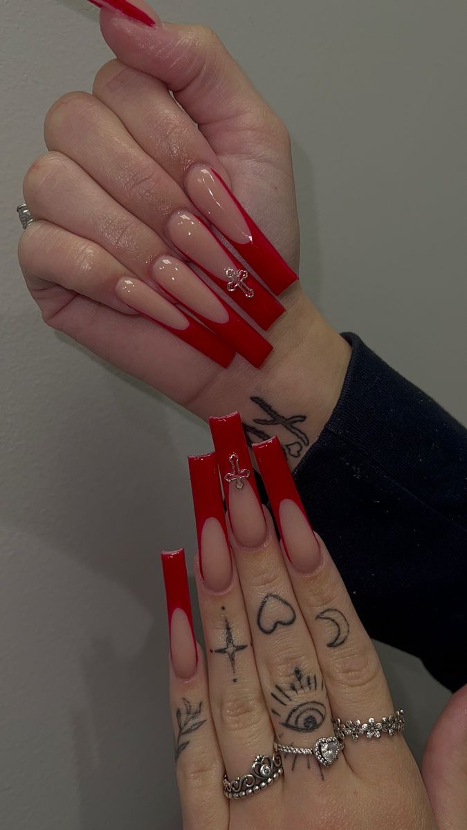 Long Nails Red, Nails Spooky, Red French Tip, Long Red Nails, Spooky Nails, Cross Nails, Long Square Nails, Red Acrylic Nails, Long Acrylic Nail Designs