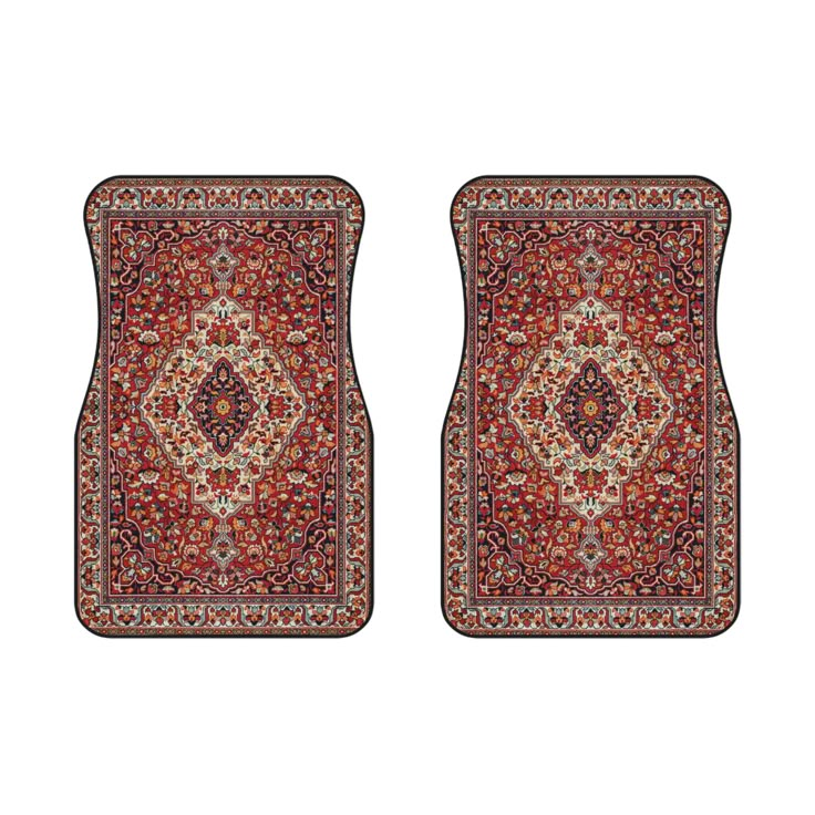 two red rugs with an intricate design on the front and back floor, both in different colors