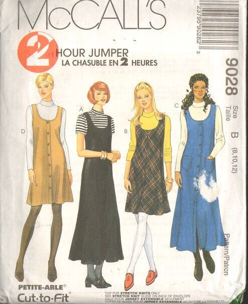 three women's dresses and one woman's jumper sewing pattern