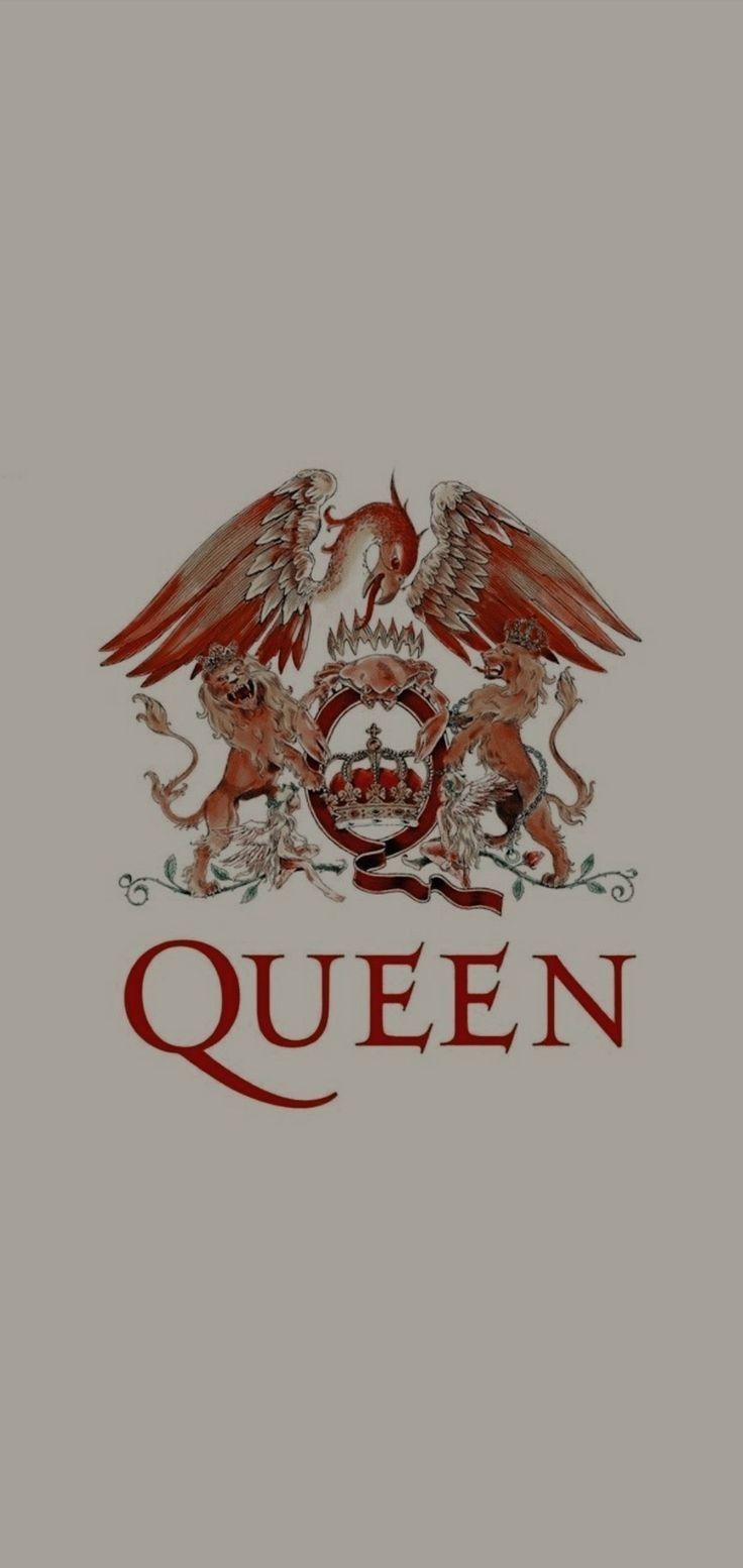 the queen logo with two lions on each side and an eagle above it, as well as