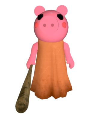 a cartoon pig with a baseball bat in it's hand and wearing an orange dress