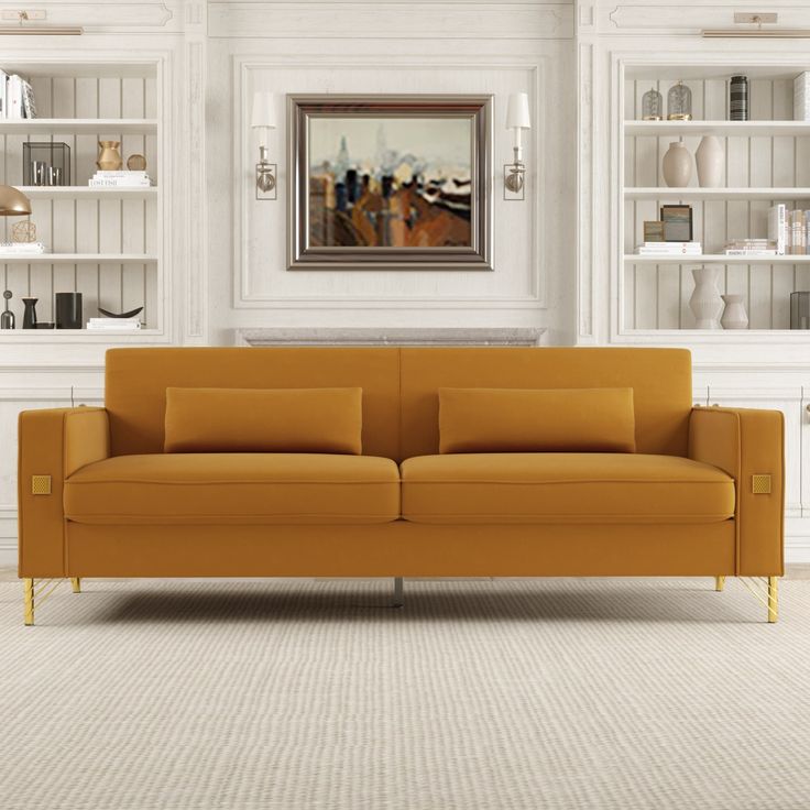 a living room with white walls and yellow furniture