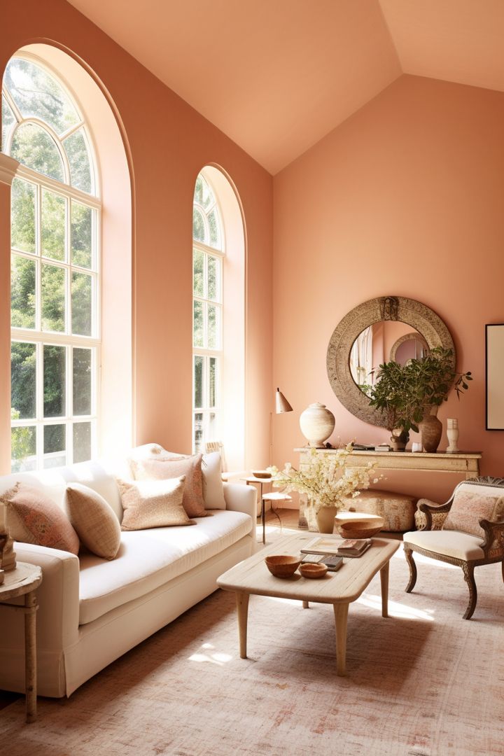 a living room filled with lots of furniture and large arched windows in the wall above it