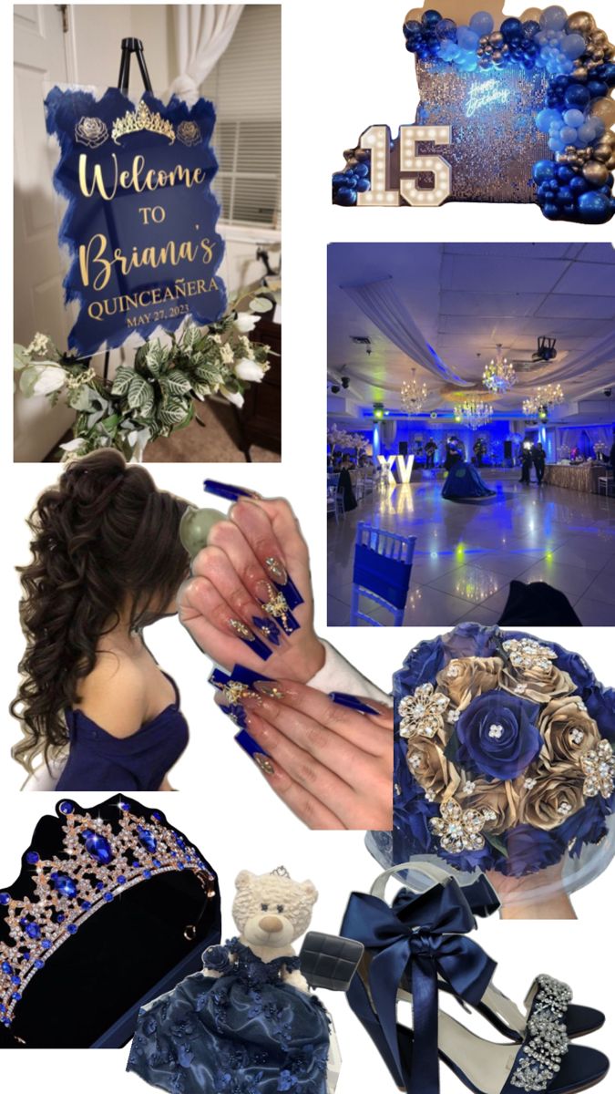 a collage of blue and gold wedding decorations