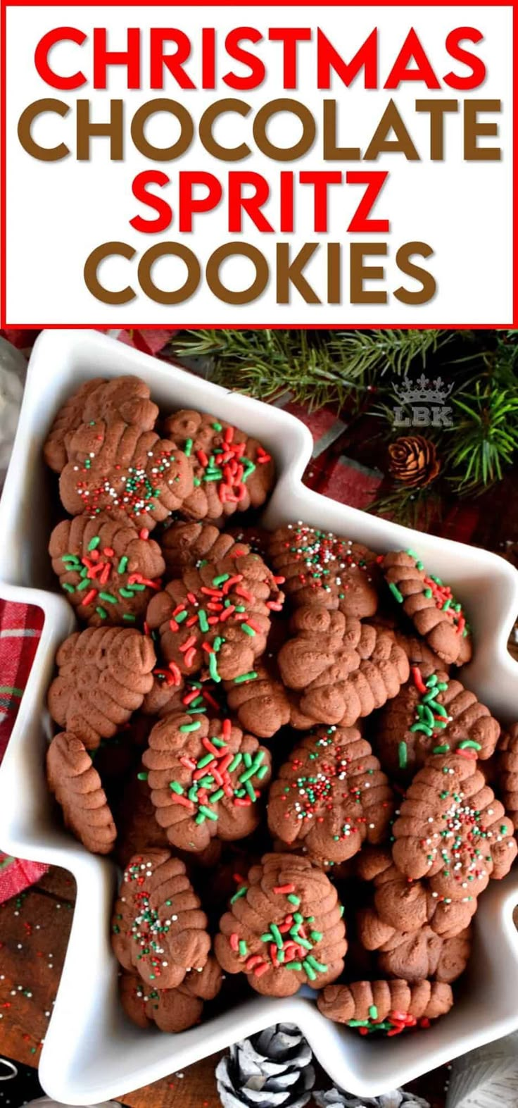 christmas chocolate spritz cookies in white dishes