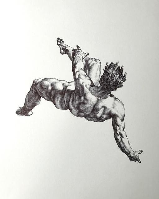 a drawing of a naked man flying through the air