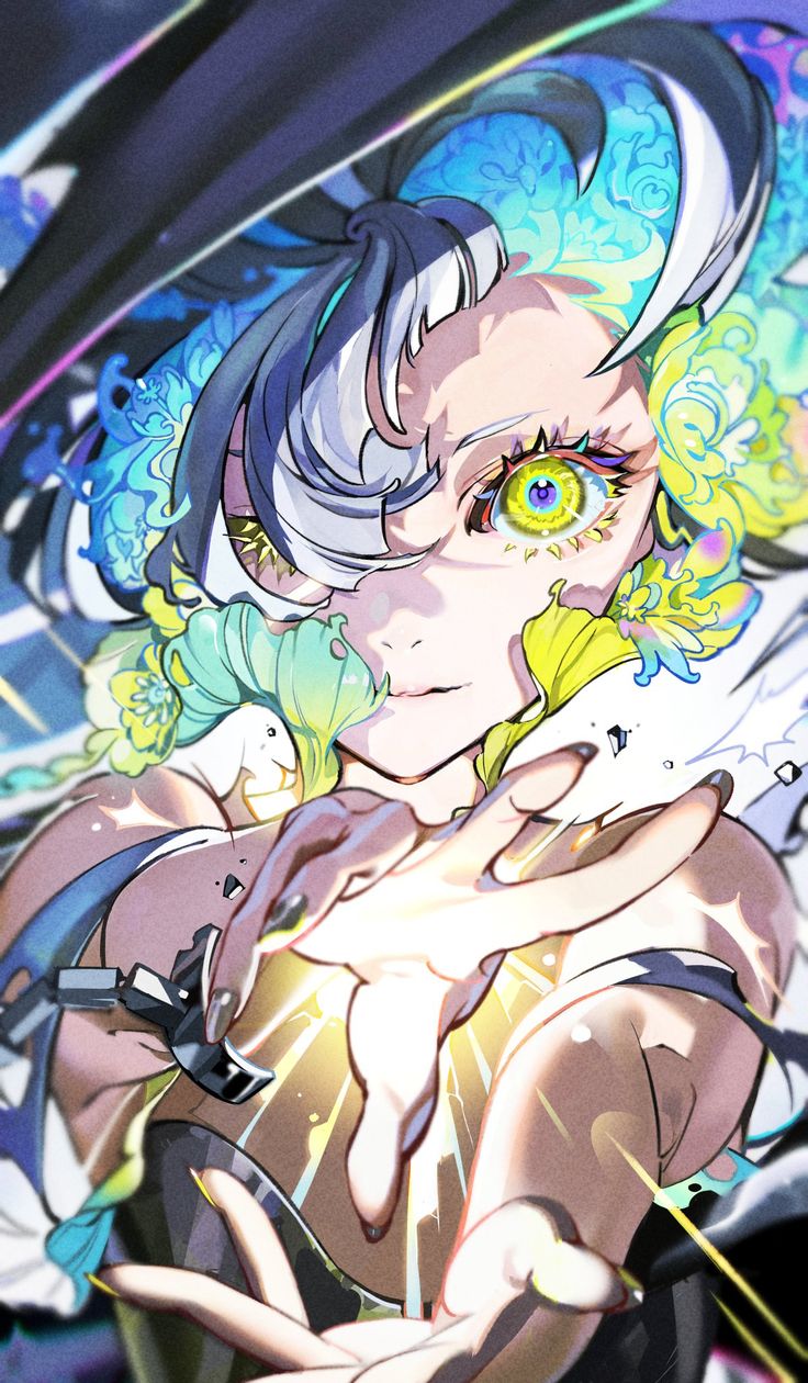 an anime character with blue hair and green eyes, holding her hands out in front of her face