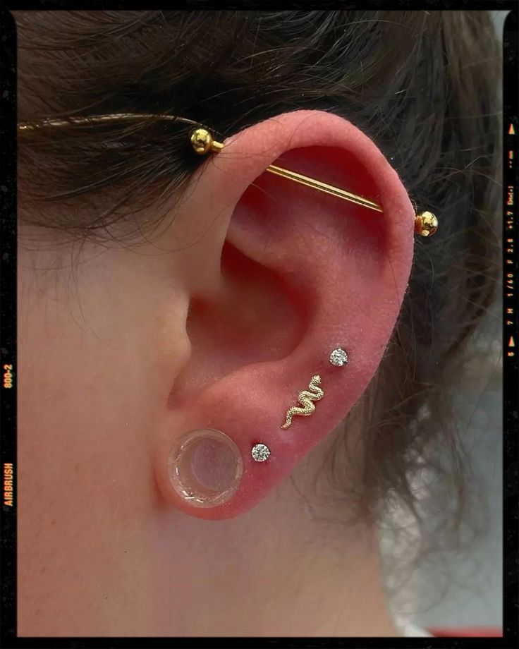 Piercing Inspiration Peircings Women Ear Industrial, Piercings Oreja Industrial, Gold Industrial Piercing, Piercing Curation, Industrial Piercings, Ear Piercings Industrial, Ear Stacks, Piercing Inspiration, Industrial Piercing Jewelry