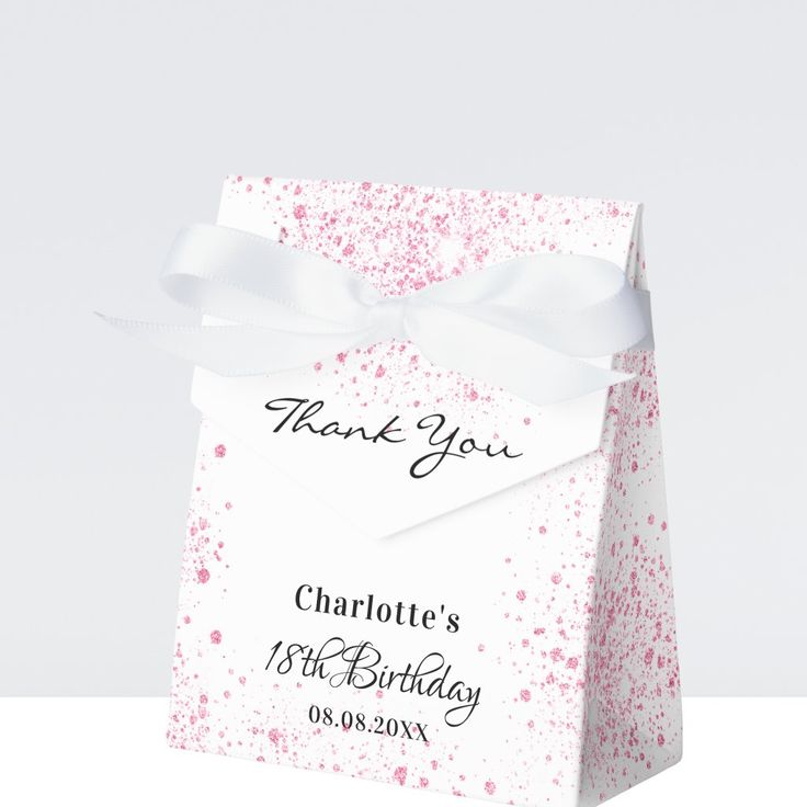 a pink and white gift bag with the words thank you charlotte's 18th birthday on it