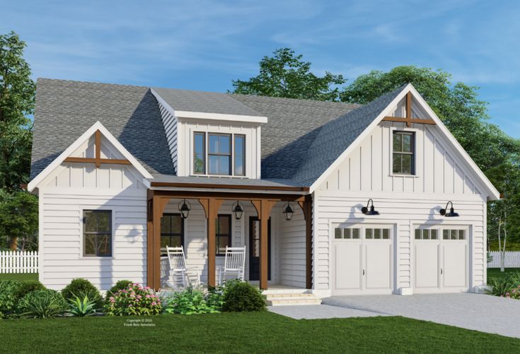 this is an artist's rendering of a house in the country style with two garages