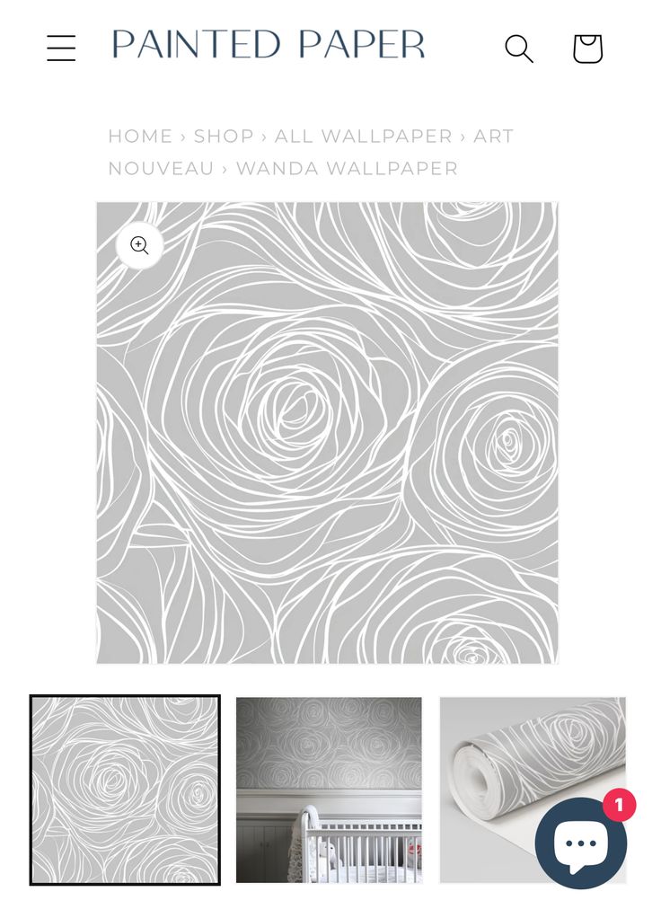 the wallpaper shop website is open and showing an image of a white rose pattern