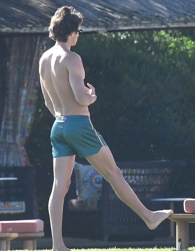 a shirtless man standing on top of a lush green field next to a picnic table