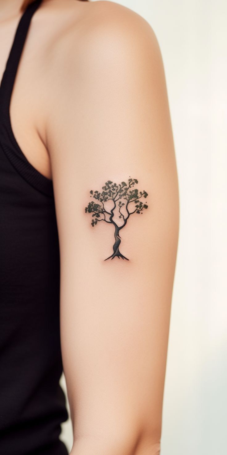 A minimalistic tattoo of a tree with clean lines, symbolizing nature's simplicity and elegance. Small Tattoos Tree Of Life, Minimal Tree Tattoo, Tree Of Life Tattoo Feminine Small Wrist, Delicate Tree Tattoos For Women, Minimalist Tree Tattoo With Roots, Delicate Tree Of Life Tattoo, Symbols Of Strength Tattoos, Yoga Tattoos, Majestic Tree