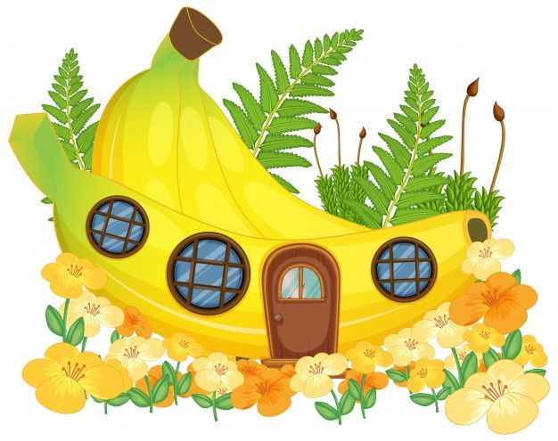 a banana shaped house with flowers and plants around it, surrounded by leaves and flowers