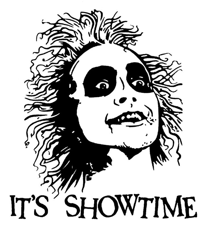 it's showtime with the face of an evil clown in black and white ink