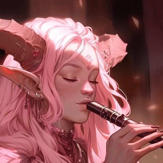 a woman with pink hair and horns playing a flute