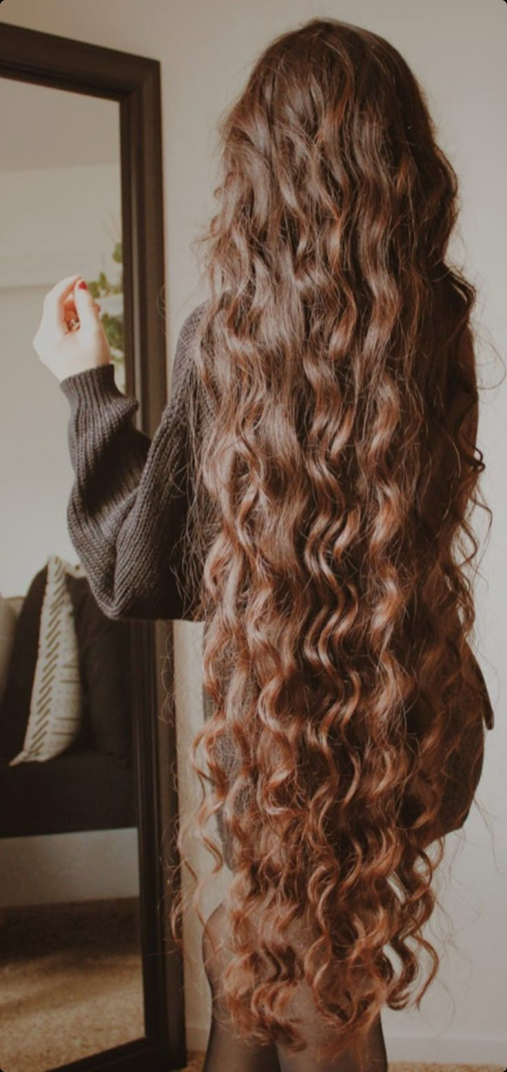 the back of a woman's head with long curly hair in front of a mirror