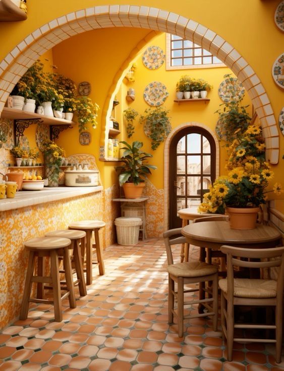 a kitchen with yellow walls and potted plants on the counter top, along with wooden stools